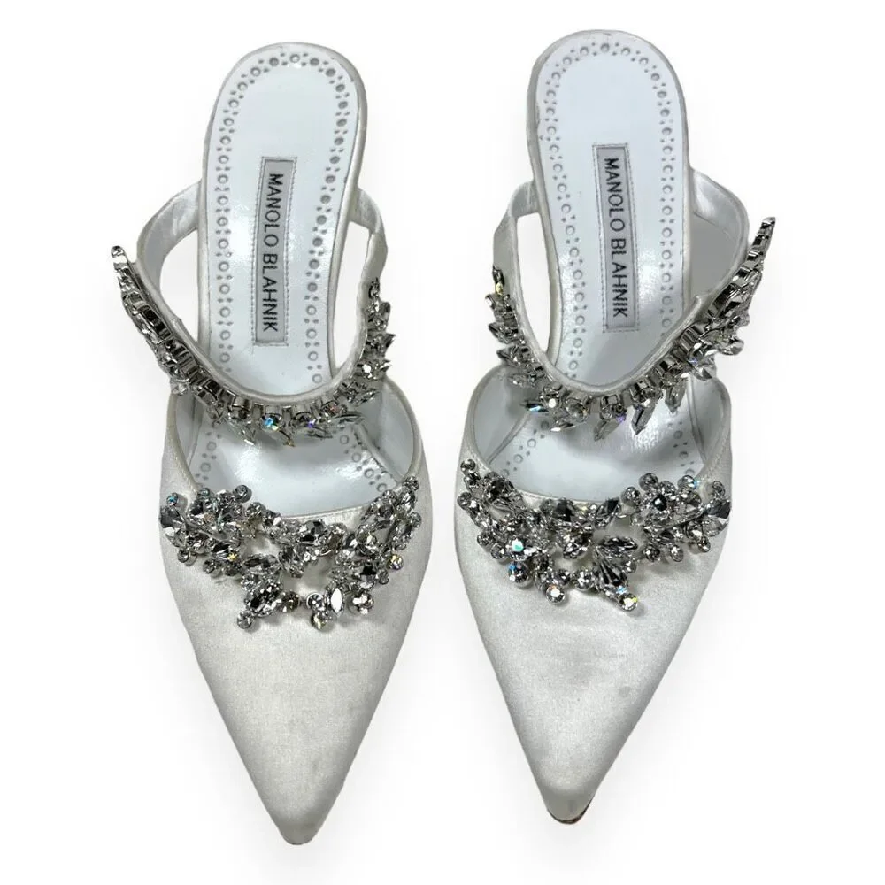 Manolo‎ Blahnik Lurum 90 Crystal-embellished White Satin Mules Heels Size 6.5